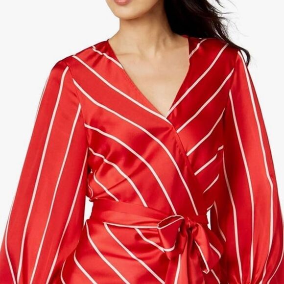 INC International Concept NWT red silky dashing stripe blouse with wrap tie - Picture 1 of 13
